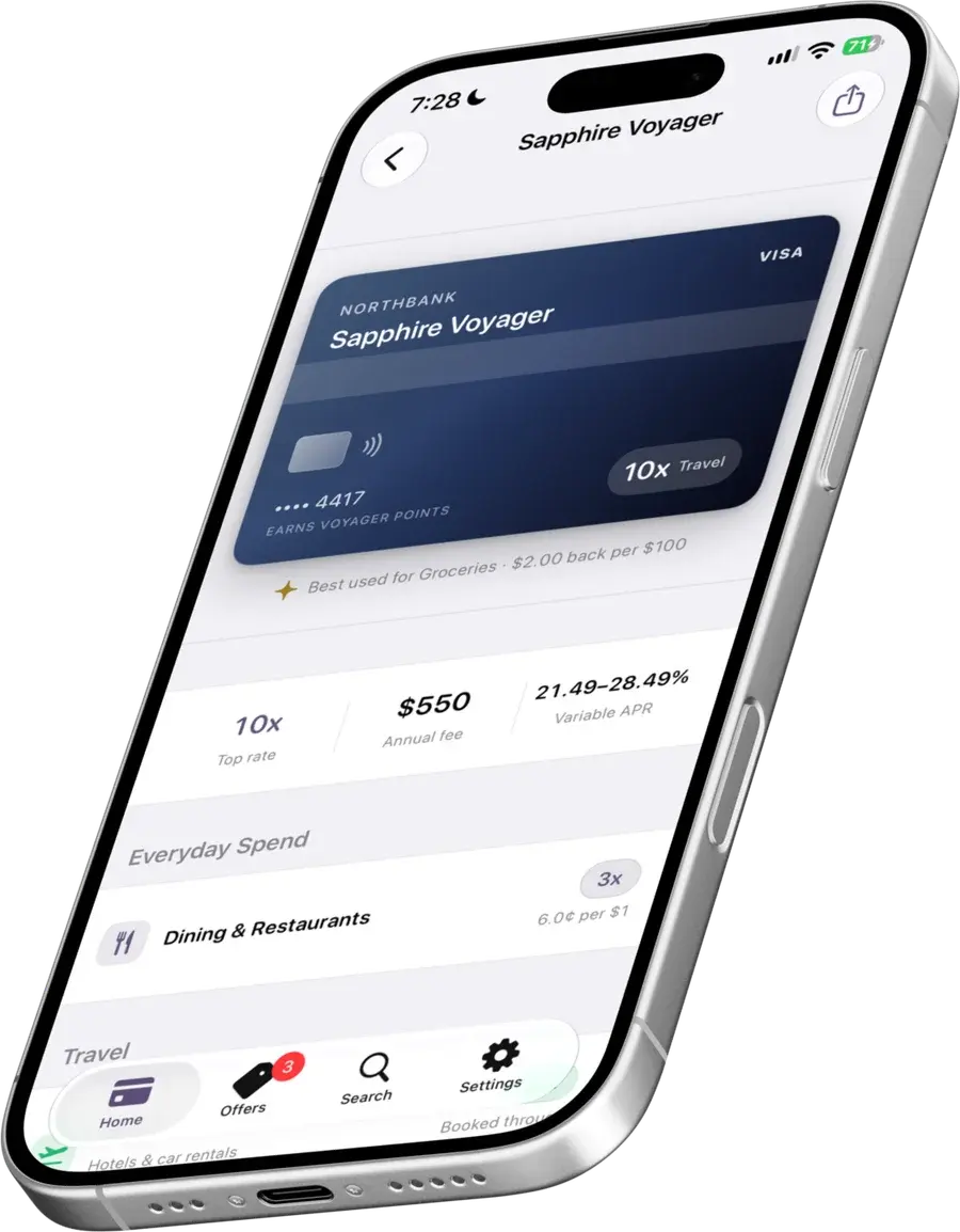 CardSwipe card detail on iPhone, showing the rate that applies here and how far ahead it is of the next card