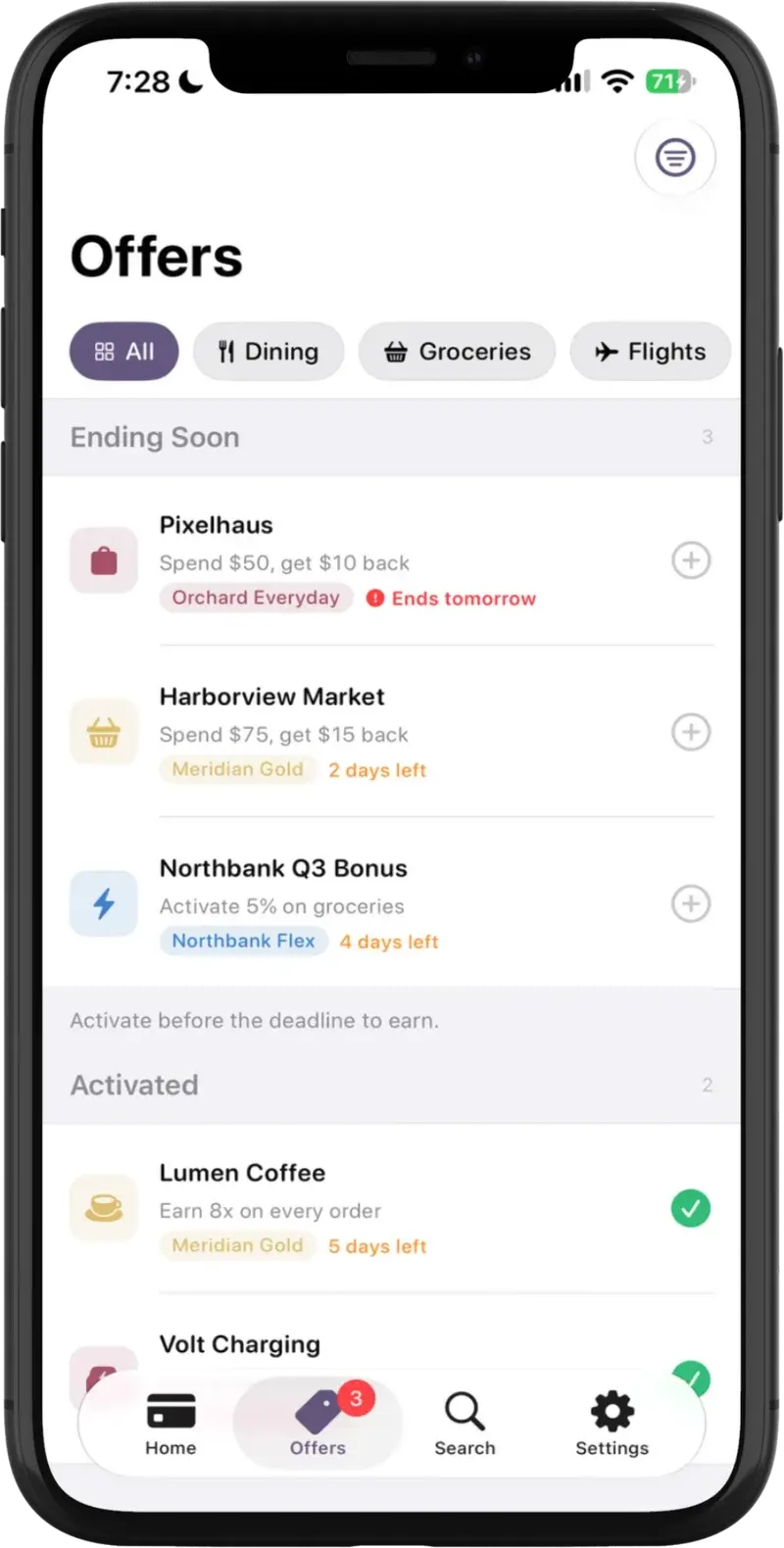 CardSwipe offers screen on iPhone, sorted by what expires first with activation state shown