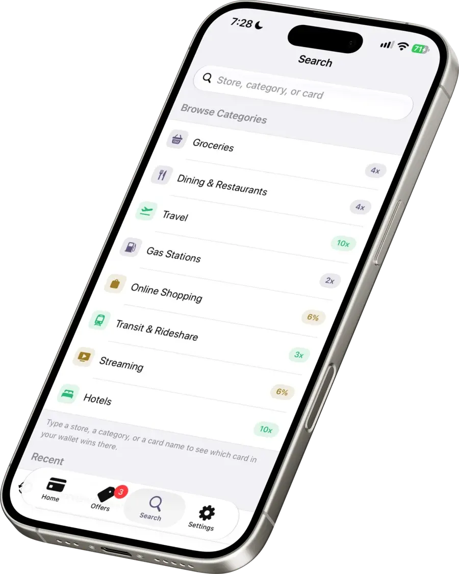 CardSwipe search screen listing spending categories with the best rate in your wallet badged against each