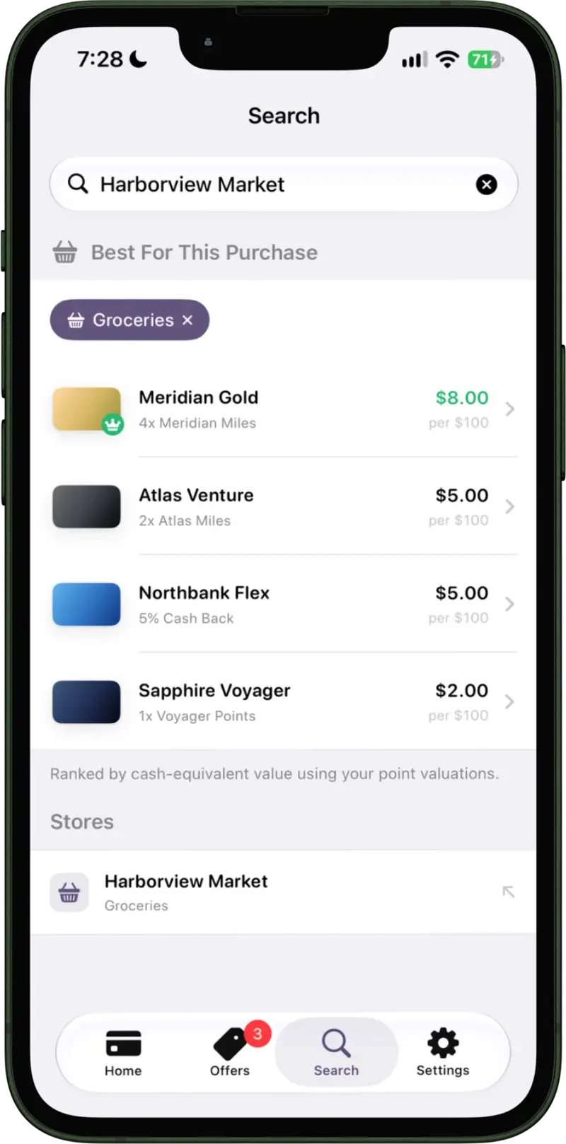 CardSwipe on iPhone: a search for Harborview Market with every card ranked by what it returns there, the best one earning $8.00 per $100