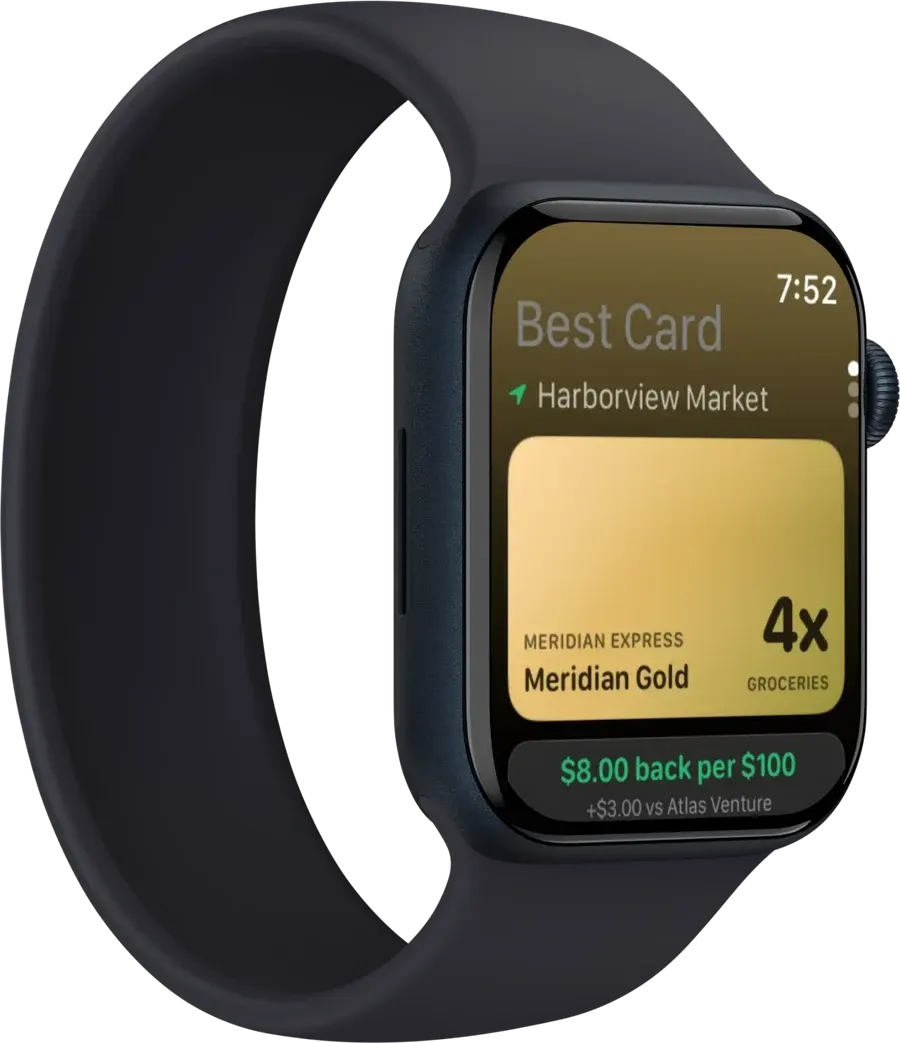 CardSwipe on Apple Watch: the best card for Harborview Market, earning 4x on groceries and returning $8.00 per $100