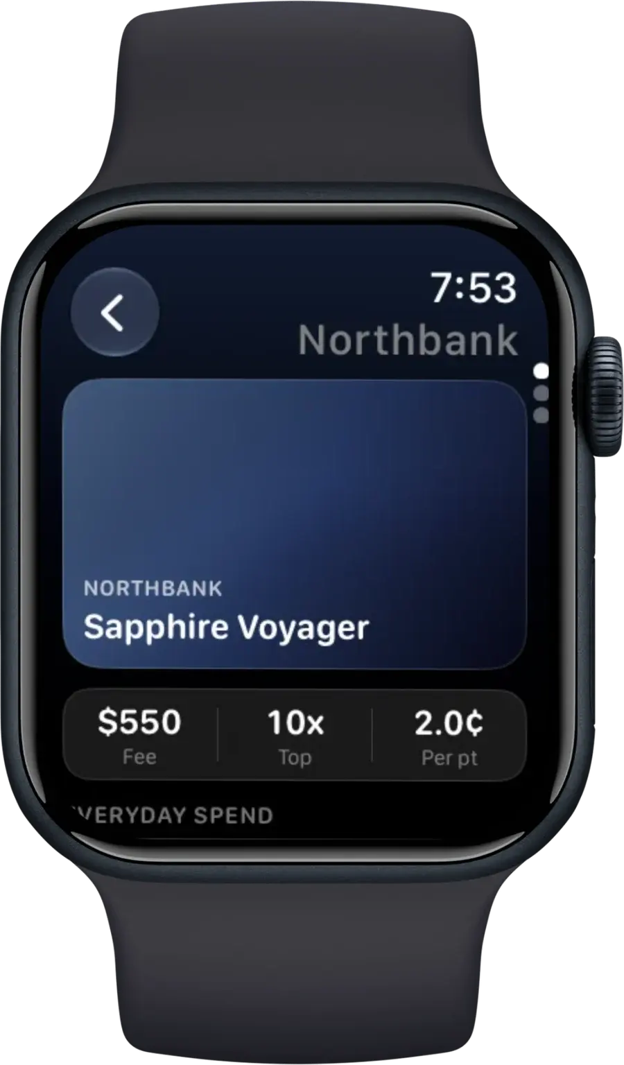 Apple Watch showing one card with its annual fee, top rate and point valuation