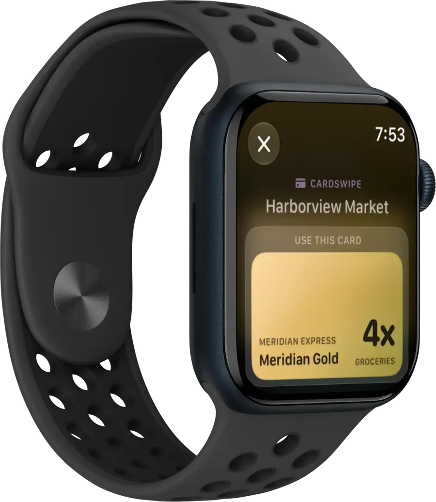 CardSwipe notification on Apple Watch naming the card to use at Harborview Market
