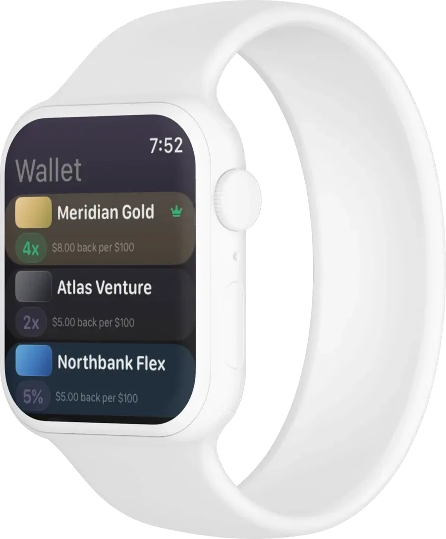 CardSwipe wallet on Apple Watch, every card listed with what it earns at this merchant